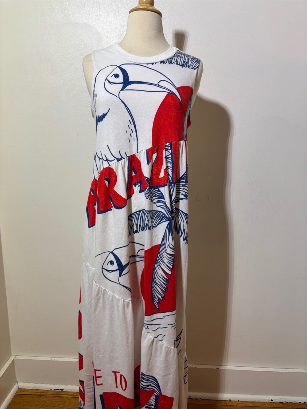 FARM Rio White Maxi Dress with Red and Navy Tropical Print